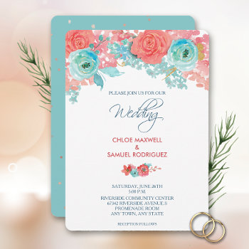Coral Pink And Aqua Floral Wedding Invitation by AvenueCentral at Zazzle