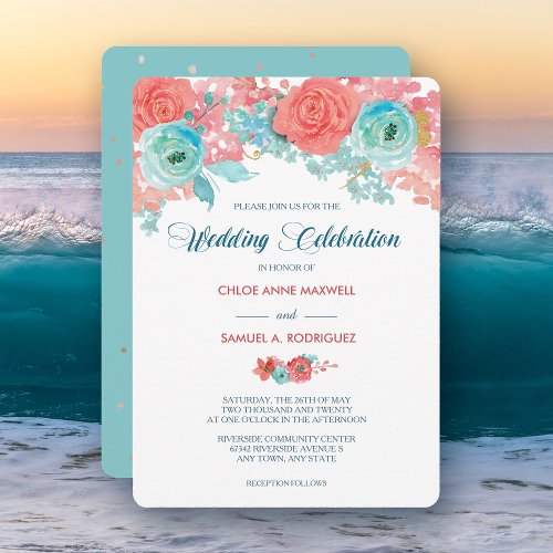 Coral Pink and Aqua Floral Wedding Invitation