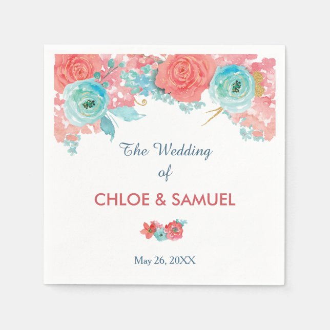Coral Pink and Aqua Floral Wedding Napkins (Front)