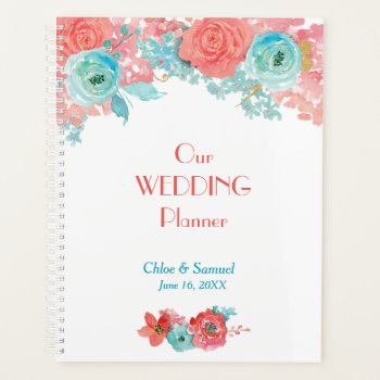 Coral Pink And Aqua Floral Wedding Planner by AvenueCentral at Zazzle