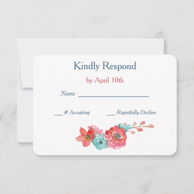 Coral Pink and Aqua Floral Wedding RSVP (Front)