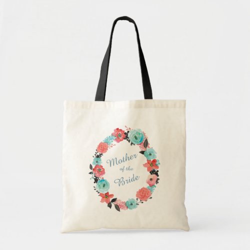 Coral Pink and Aqua Floral Wedding Wreath Tote Bag