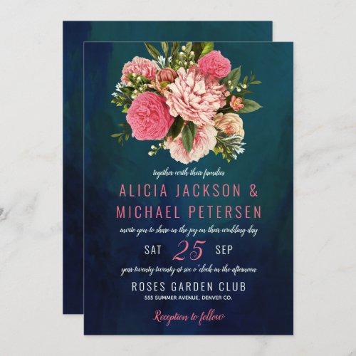 Coral pink and blush flowers bouquet moody wedding invitation