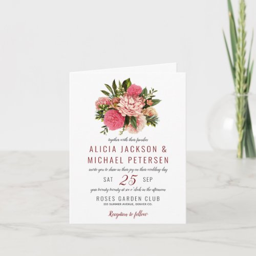 Coral pink and blush flowers bouquet wedding invitation
