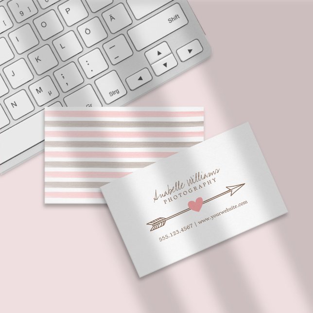 Coral Pink and Brown Heart and Arrow Business Card (Creator Uploaded)