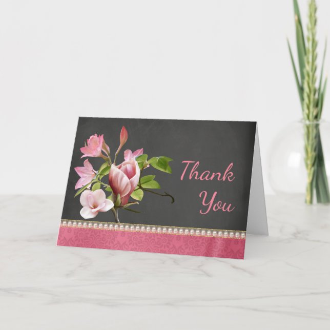 Coral, pink and Chalkboard Floral Thank You Card (Front)