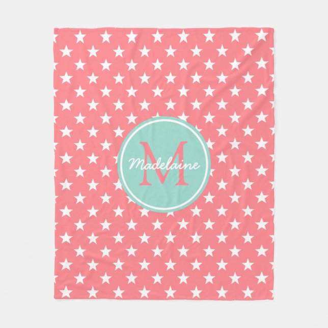 Coral Pink and Cool Aqua Stars Monogram Fleece Blanket (Front)