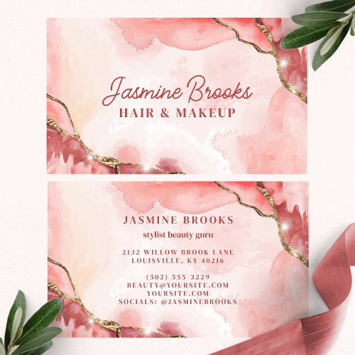 Coral Pink And Gold Elegant Marble Business Card