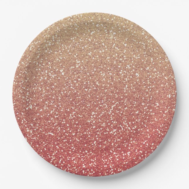 Coral Pink and Gold Faux Glitter Paper Plates (Front)