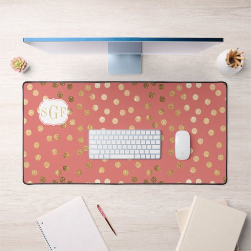 Coral Pink and Gold Glitter Dot Patterned Desk Mat
