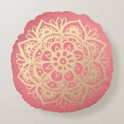 Coral Pink and Gold Mandala Flower Round Pillow