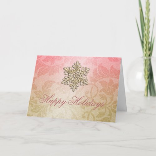 Coral Pink and Gold Shimmer Damask Holiday Card