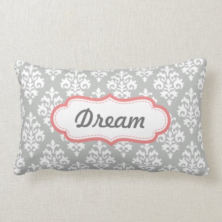 Coral Pink And Gray Dream Damask Pattern Lumbar Pillow