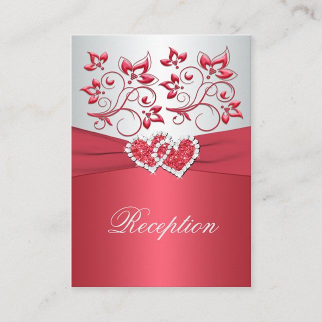 Coral Pink and Gray Floral Hearts Enclosure Card (Front)
