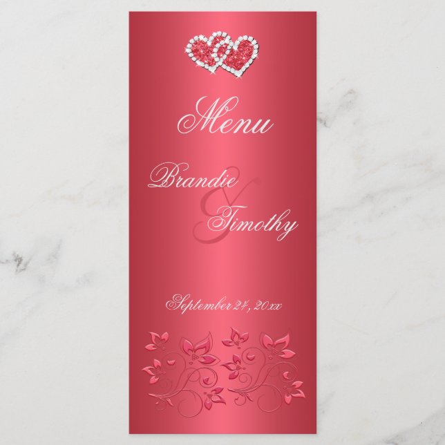 Coral Pink and Gray Floral Hearts Menu Card (Front)