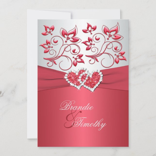 Coral Pink and Gray Floral Hearts Wedding Invite (Front)