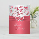 Coral Pink and Gray Floral Hearts Wedding Invite (Standing Front)