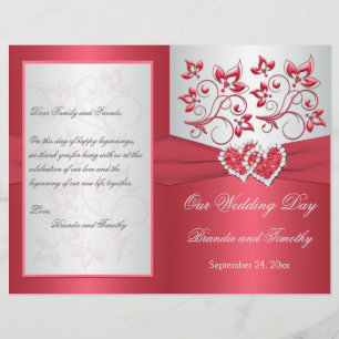 Coral Pink and Gray Floral Hearts Wedding Program