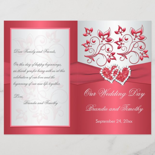 Coral Pink and Gray Floral Hearts Wedding Program (Front)