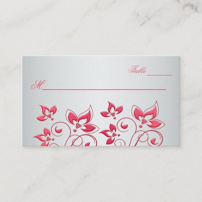 Coral Pink and Gray Floral Place Card (Front)