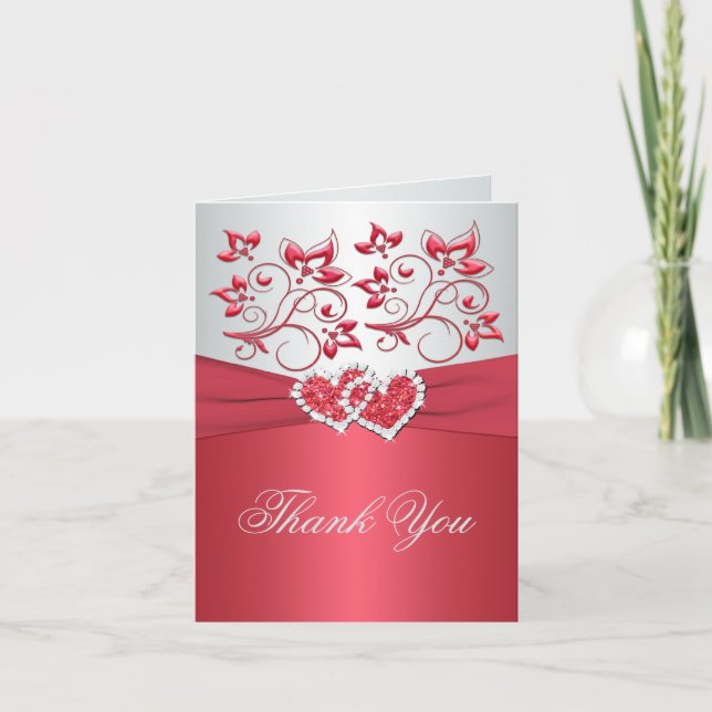 Coral Pink and Gray Floral Thank You Note Card (Front)