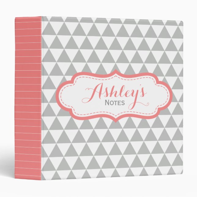 Coral Pink and Gray Geometric Triangle Pattern Binder (Front/Spine)