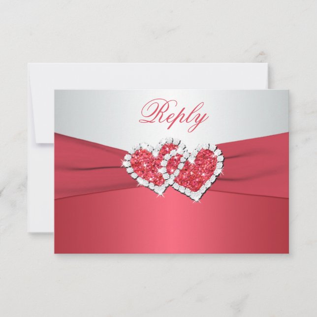 Coral Pink and Gray Joined Hearts Reply Card (Front)