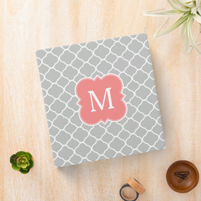 Coral Pink and Gray Monogram Quatrefoil Pattern 3 Ring Binder (In Situ)