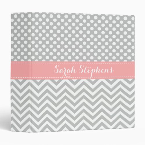 Coral Pink and Gray Pattern Custom Name 3 Ring Binder