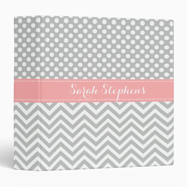 Coral Pink and Gray Pattern Custom Name 3 Ring Binder (Front/Spine)