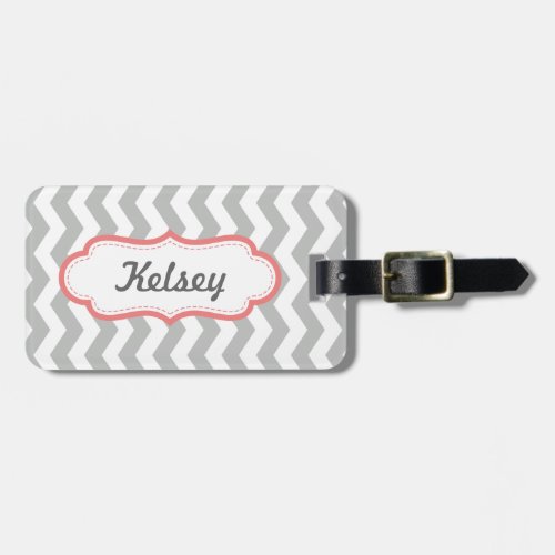 Coral Pink and Gray Zigzag Stripes Pattern Name Luggage Tag
