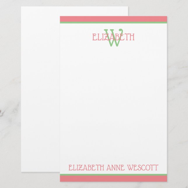 Coral Pink and Green Monogram Stationery (Front/Back)