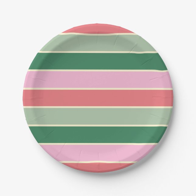 Coral, Pink and Green Stripes Paper Plates (Front)