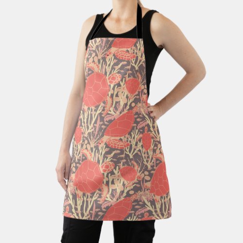 Coral Pink and Grey Cute Sea Turtle Patterned Apron