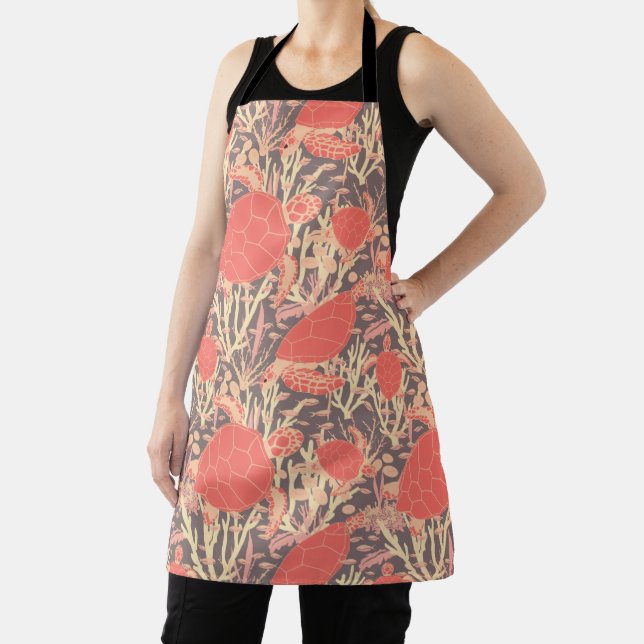 Coral Pink and Grey Cute Sea Turtle Patterned Apron (Insitu)