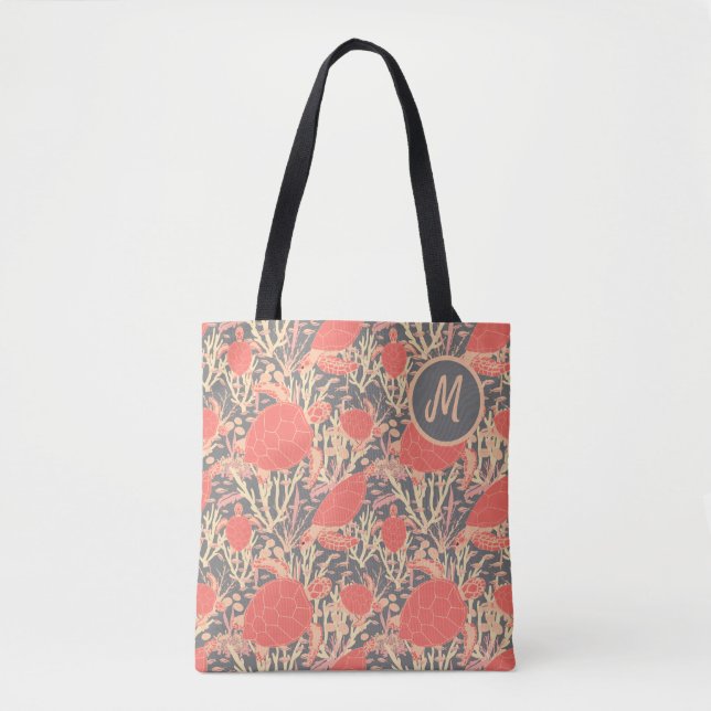 Coral Pink and Grey Monogram Sea Turtle Tote Bag (Front)