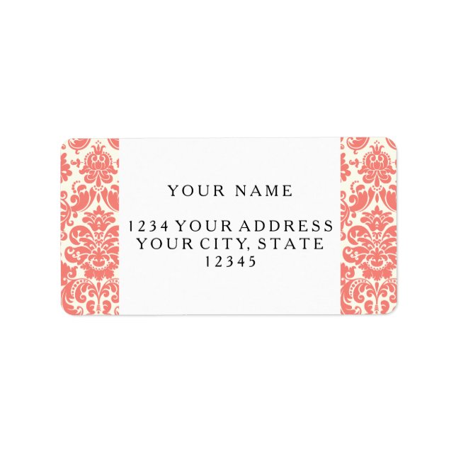 Coral Pink and Ivory Elegant Damask Pattern Label (Front)