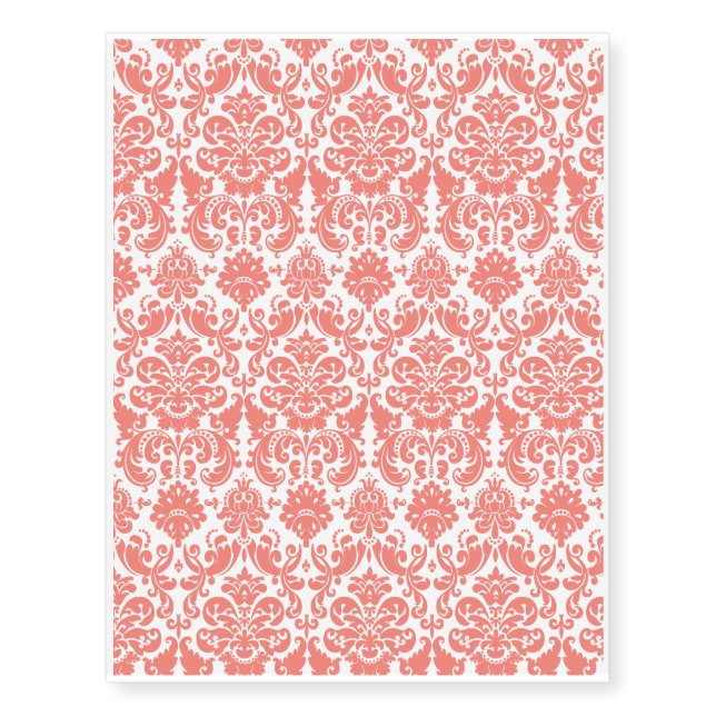 Coral Pink and Ivory Elegant Damask Pattern Temporary Tattoos (Front)