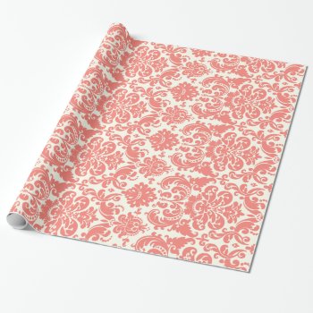 Coral Pink And Ivory Elegant Damask Pattern Wrapping Paper by DamaskGallery at Zazzle