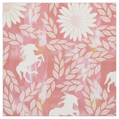 Coral Pink and Ivory Unicorn Floral Pattern Fabric