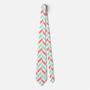 Coral Pink and Mint Green Herringbone Pattern Neck Tie