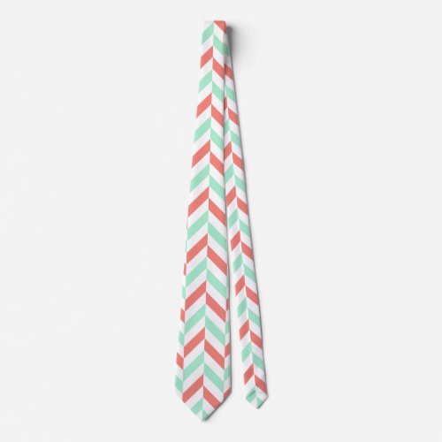 Coral Pink and Mint Green Herringbone Pattern Neck Tie