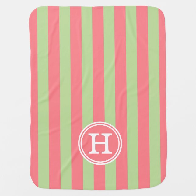 Coral Pink and Mint Green Stripe Monogram Baby Blanket (Front)