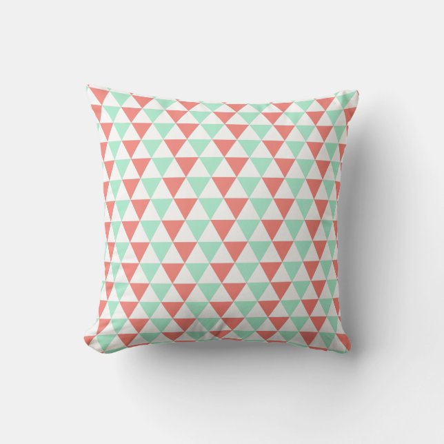 Coral Pink and Mint Green Triangle Pattern Throw Pillow (Front)
