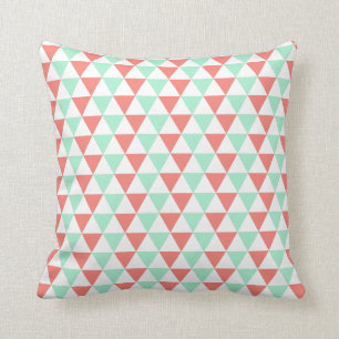 Coral Pink and Mint Green Triangle Pattern Throw Pillow