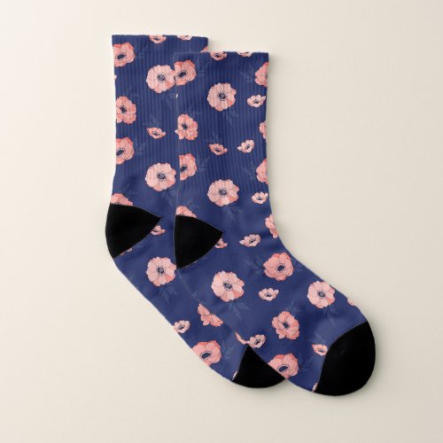 Coral Pink and Navy Blue Floral Pattern Socks