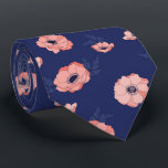 Coral Pink and Navy Blue Floral Patterned Wedding Neck Tie<br><div class="desc">Stylish navy blue tie patterned with hand drawn coral pink spring anemone flowers</div>