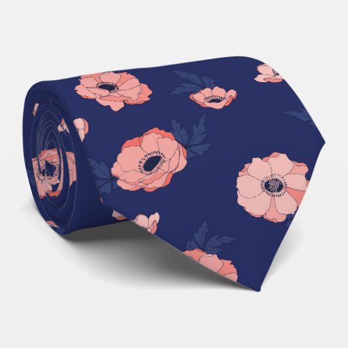 Coral Pink and Navy Blue Floral Patterned Wedding Neck Tie