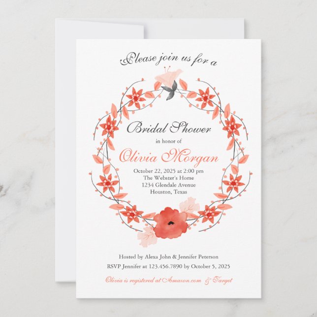 Coral Pink and Orange floral wreath bridal shower Invitation (Front)