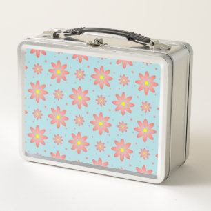 Coral pink and powder blue delicate daisy flowers metal lunch box